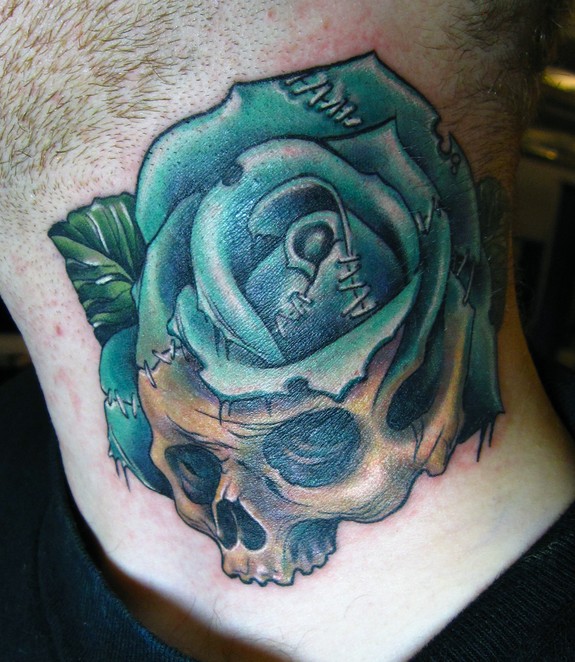 Skull Rose Morph Neck Tattoo By Scotty Munster Tattoonow